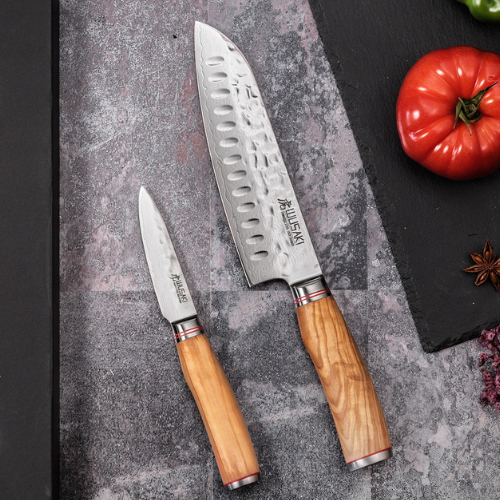 COFFRET DE 2 COUTEAUX WUSAKI DAMAS 10CR MANCHES EN OLIVIER SANTOKU + OFFICE - WUSAKI DAMAS 10CR